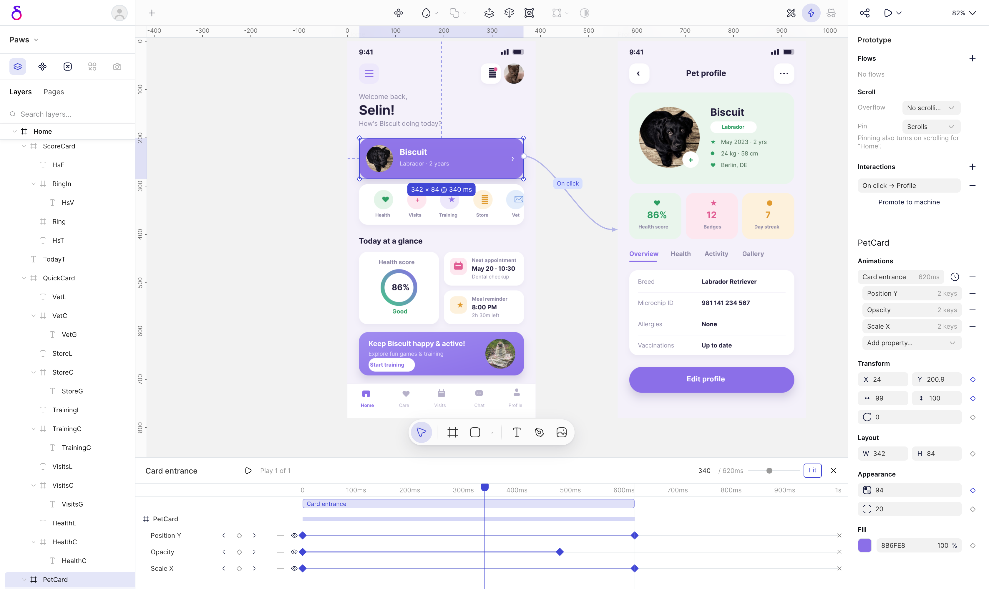 The Dygmo editor: a pet-care app design with real photos on the canvas, a motion timeline with keyframes below it, and the selected card’s animation and interaction in the right panel.