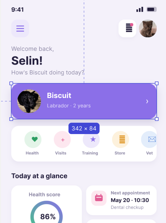 Canvas close-up: the selected pet card with size badge and snapping guides.
